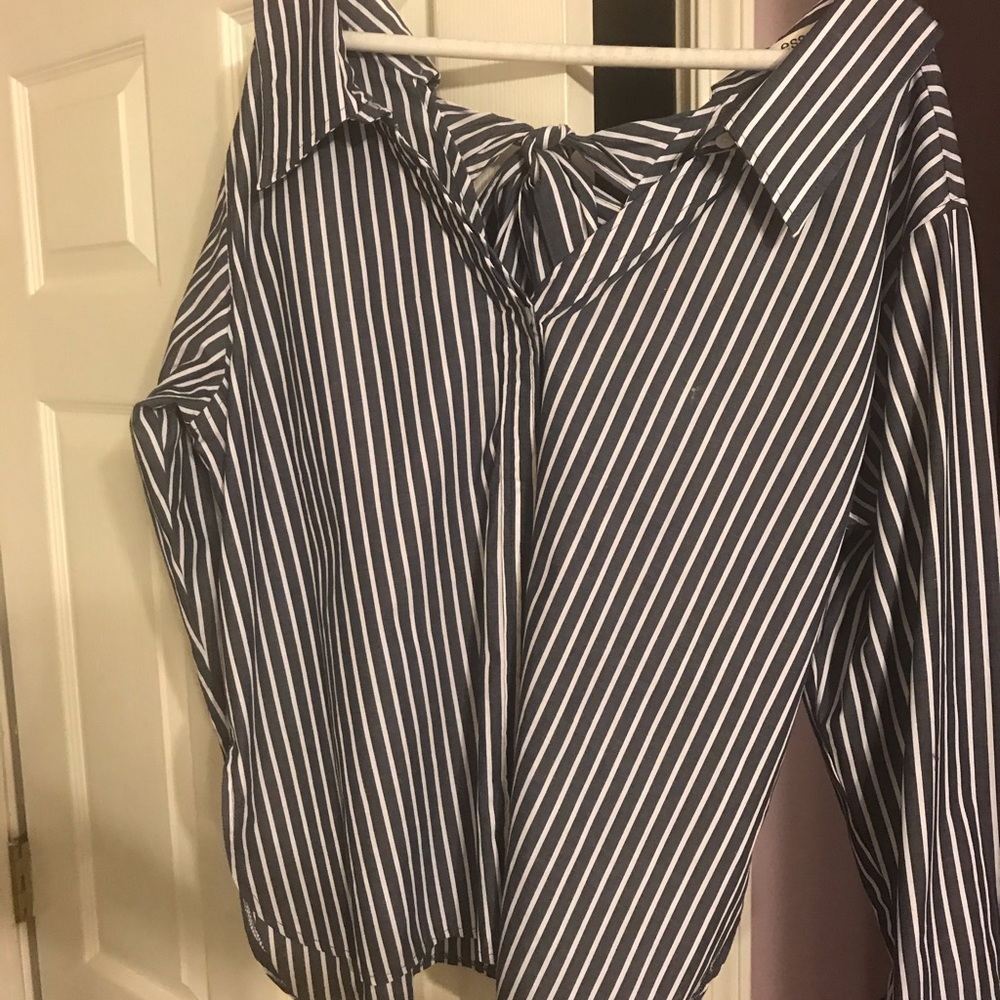 Navy and white striped cotton blouse